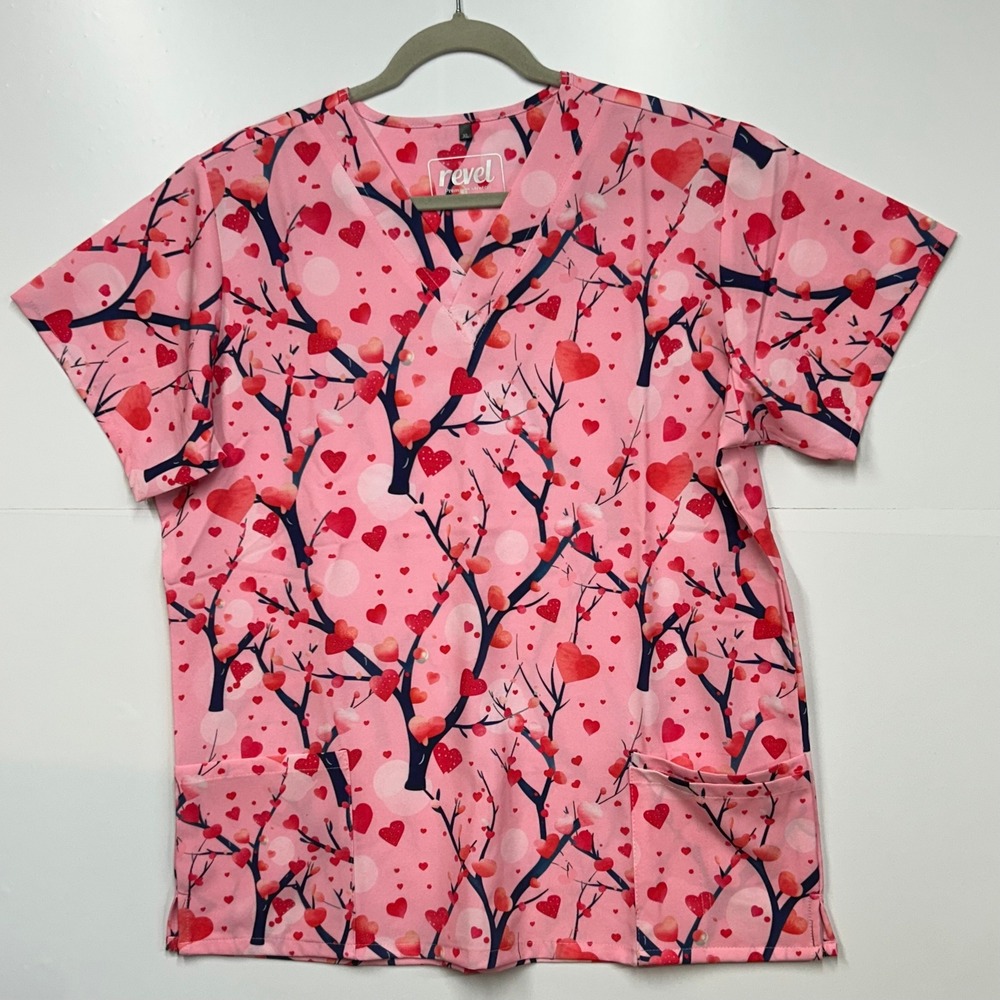 Revel Premium Stretch Scrub Top XL Pink Heart Tree Valentine Uniform V-Neck